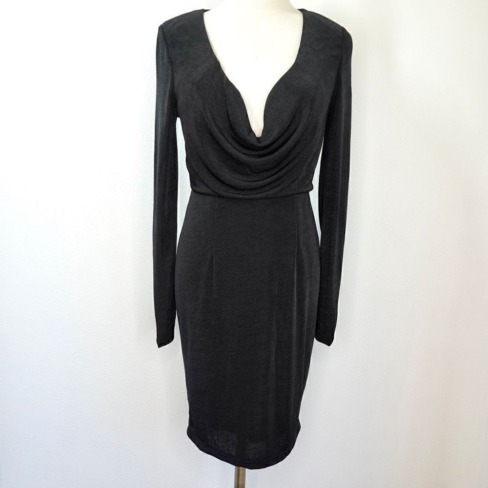 Angel Biba Little Black Dress Long Sleeve Plunge Draped Neckline Size 12
